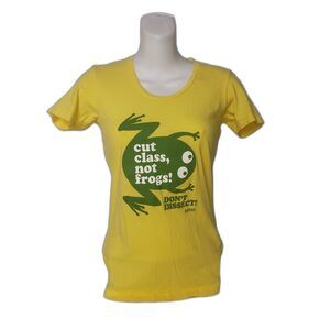 PETA Shirt Womens Small Yellow Cut Class Not Frogs Don't Dissect Graphic Tee USA